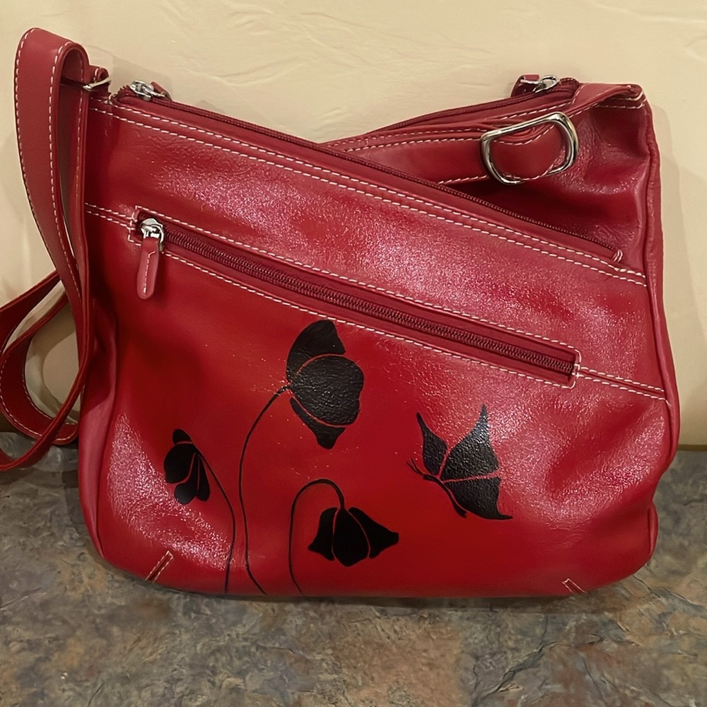 Red High Quality Leather Crossbody Bag with Hand Painted Art